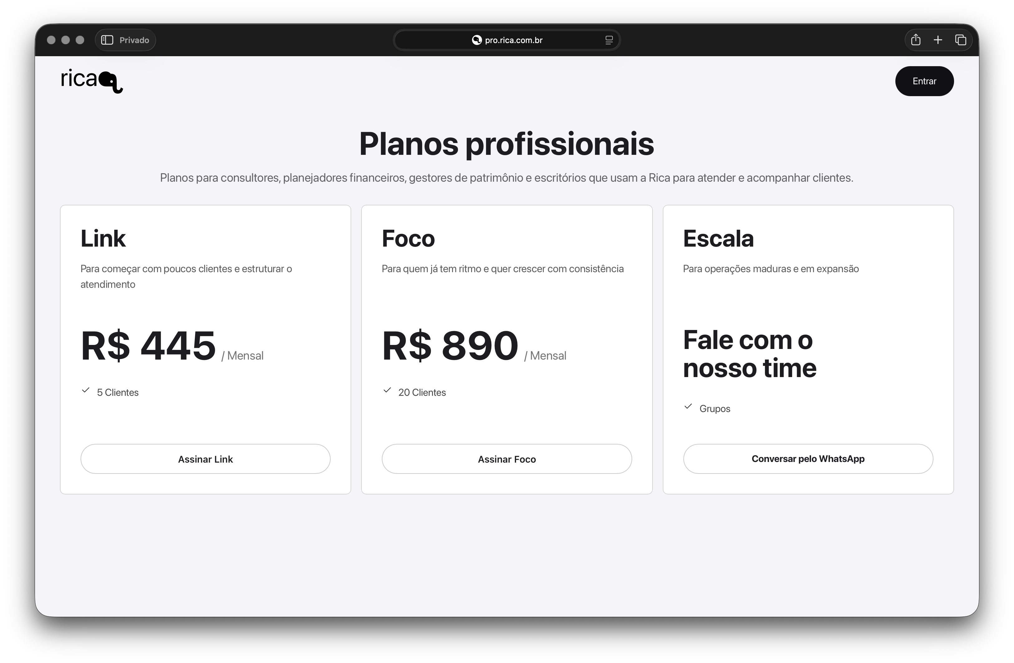 Página de planos profissionais da Rica, com as ofertas Link, Foco e Escala.