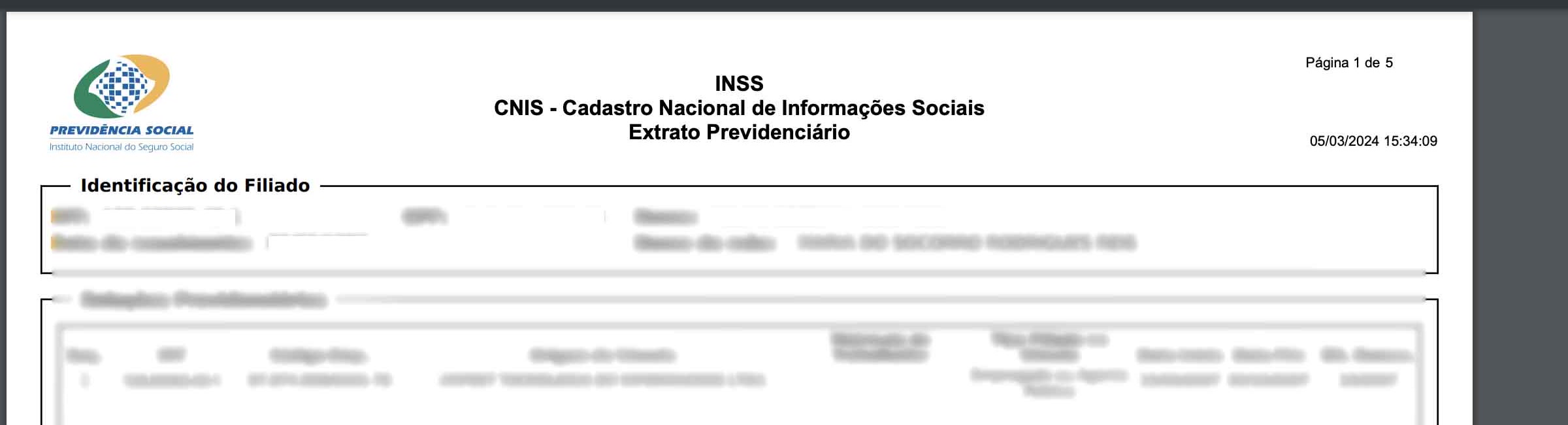 Exemplo de um PDF do CNIS aberto no navegador, com os dados pessoais ocultos.