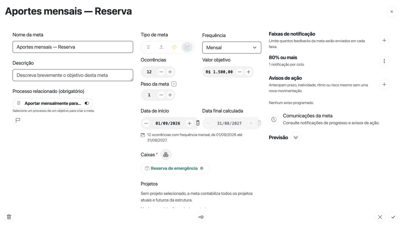 Faixas de notificação e avisos na coluna direita da meta