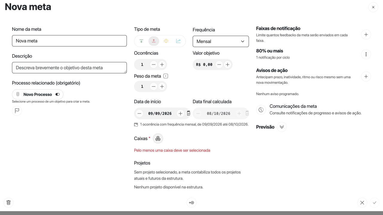 Meta inicial com valor zero e aviso de caixa obrigatória