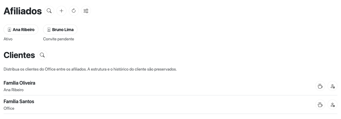 Lista de clientes do Office com responsável e os comandos de atendimento e atribuição