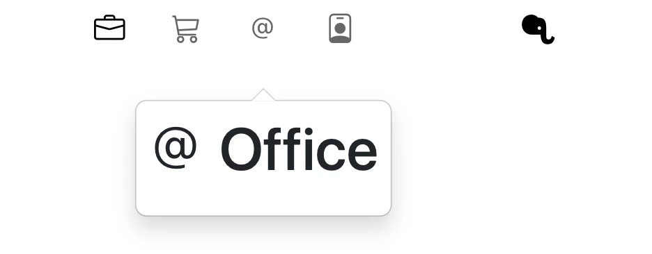 Ícones de maleta, carrinho, arroba e crachá na barra superior de Configurações, com o balão “@ Office” aberto sobre o ícone de arroba e o logo da Rica à direita