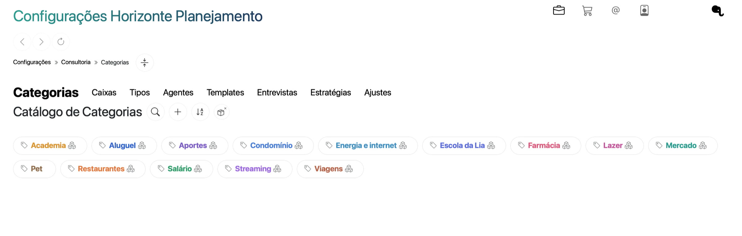 Preferências da consultoria na aba Categorias, com as abas Categorias, Caixas, Tipos, Agentes, Templates, Entrevistas, Estratégias e Ajustes e o catálogo de categorias da Horizonte Planejamento