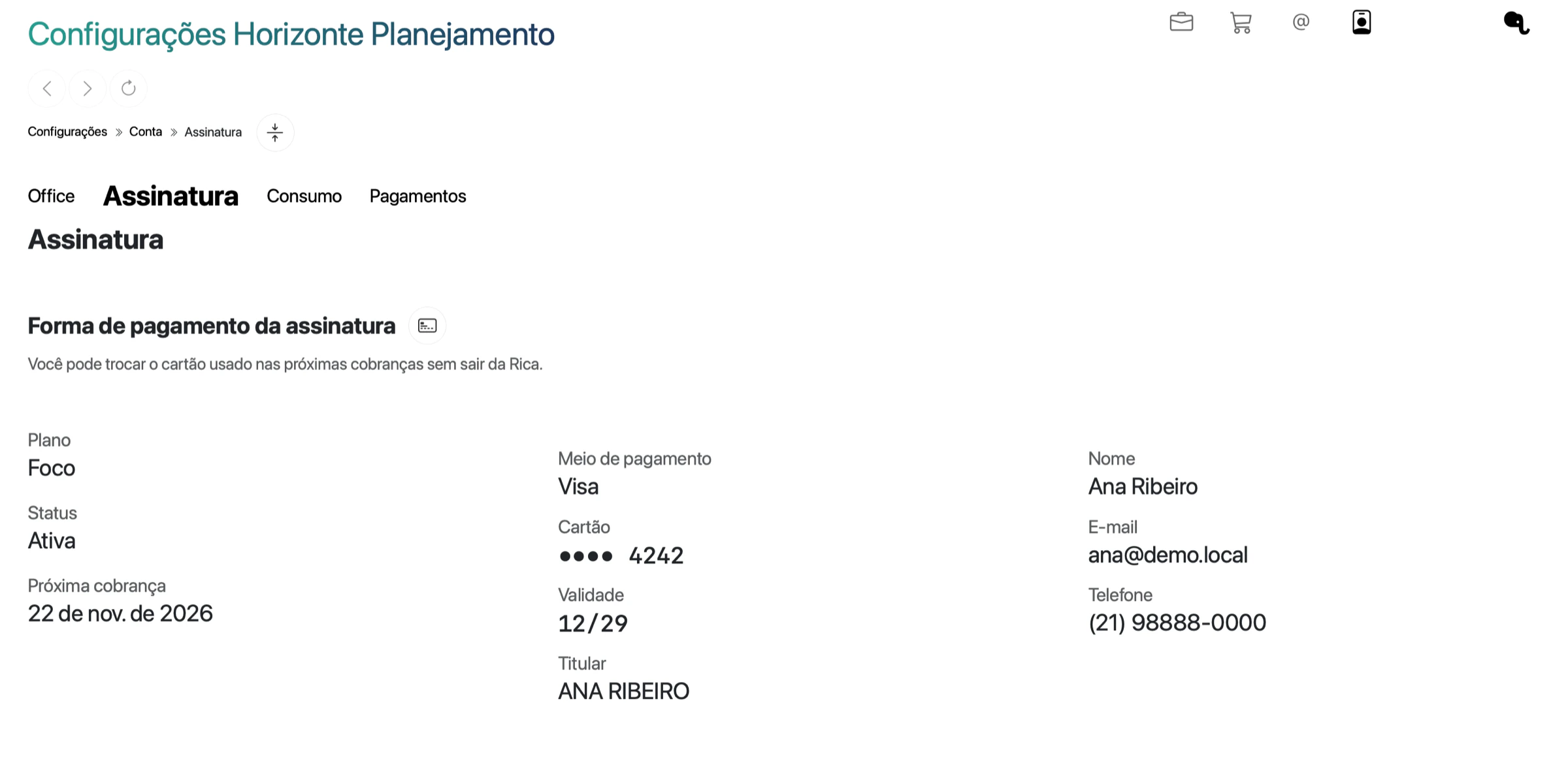 Aba Assinatura de Ana Ribeiro com o plano Foco Ativo, próxima cobrança em 22 de nov. de 2026, cartão Visa final 4242 com validade 12/29 e os dados de nome, e-mail e telefone