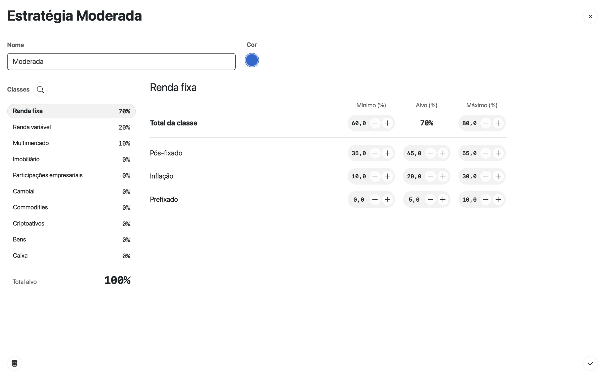 Estratégia Moderada no catálogo com a classe Renda fixa selecionada, alvo de 70% e Total alvo de 100%