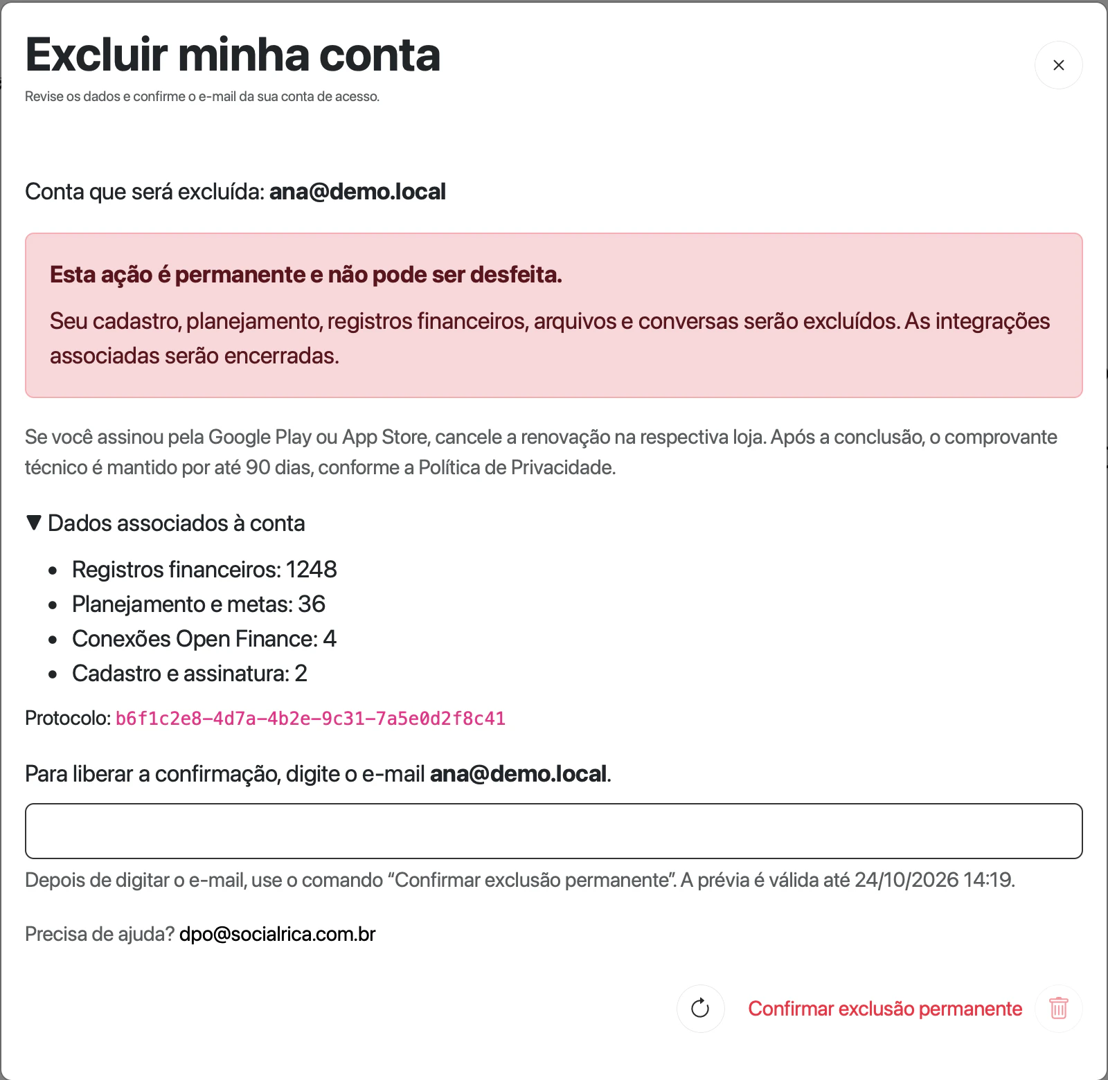 Modal Excluir minha conta com o e-mail ana@demo.local, o alerta de ação permanente, as contagens dos dados associados e o campo de e-mail