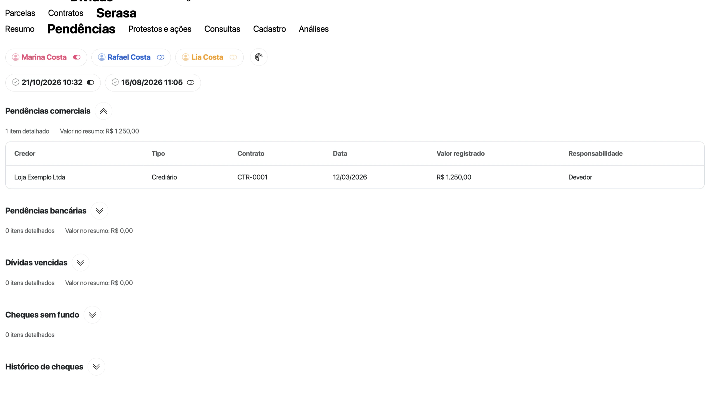 Subaba Pendências com Pendências comerciais aberta mostrando Loja Exemplo Ltda, contrato CTR-0001, 12/03/2026, R$ 1.250,00, Devedor