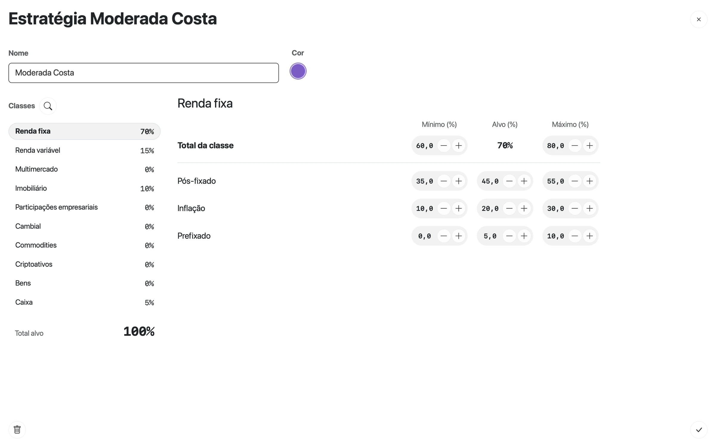 Janela Estratégia Moderada Costa com a classe Renda fixa selecionada: total da classe entre 60% e 80% com alvo de 70%, Pós-fixado 45%, Inflação 20%, Prefixado 5% e Total alvo de 100%