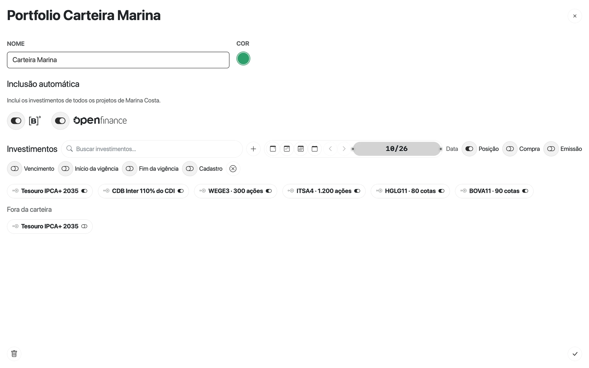 Janela Portfolio Carteira Marina no projeto Casa de Marina Costa, com Open Finance e B3 ligados; Tesouro IPCA+ 2035, CDB Inter, WEGE3, ITSA4, HGLG11 e BOVA11 na carteira e a cópia do Tesouro IPCA+ 2035 vinda do Open Finance em Fora da carteira