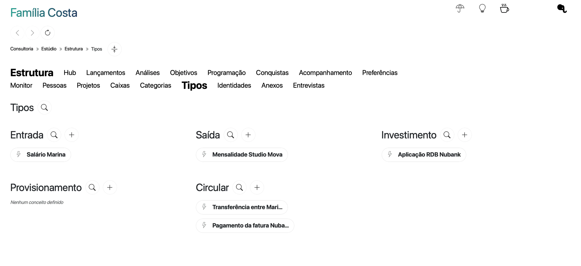 Aba Tipos da Família Costa com os quadros Entrada, Saída, Investimento, Provisionamento e Circular, cada um com suas pílulas de conceito