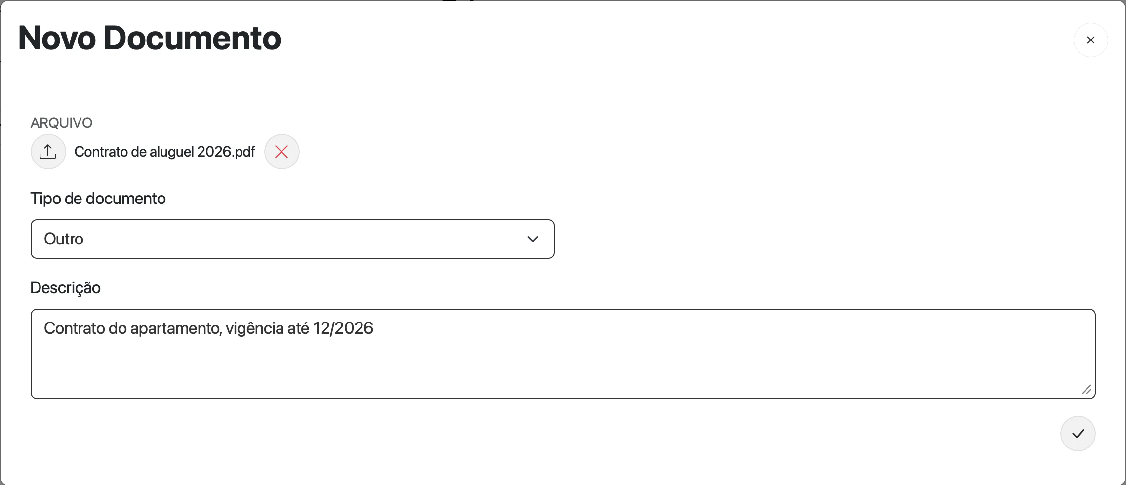 Janela Novo Documento com o arquivo Contrato de aluguel 2026.pdf selecionado, tipo Outro e a descrição Contrato do apartamento, vigência até 12/2026
