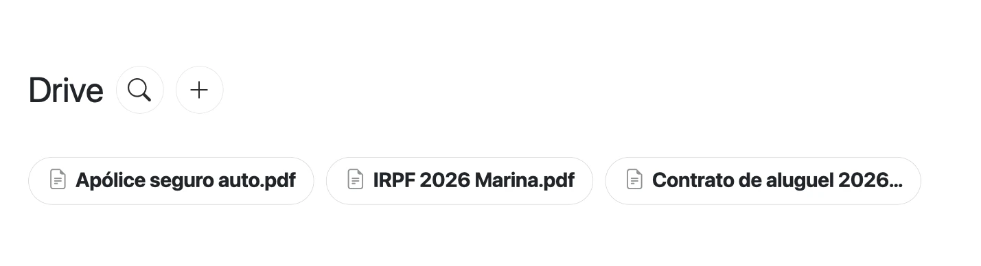 Subaba Drive com os documentos Contrato de aluguel 2026.pdf, Apólice seguro auto.pdf e IRPF 2026 Marina.pdf