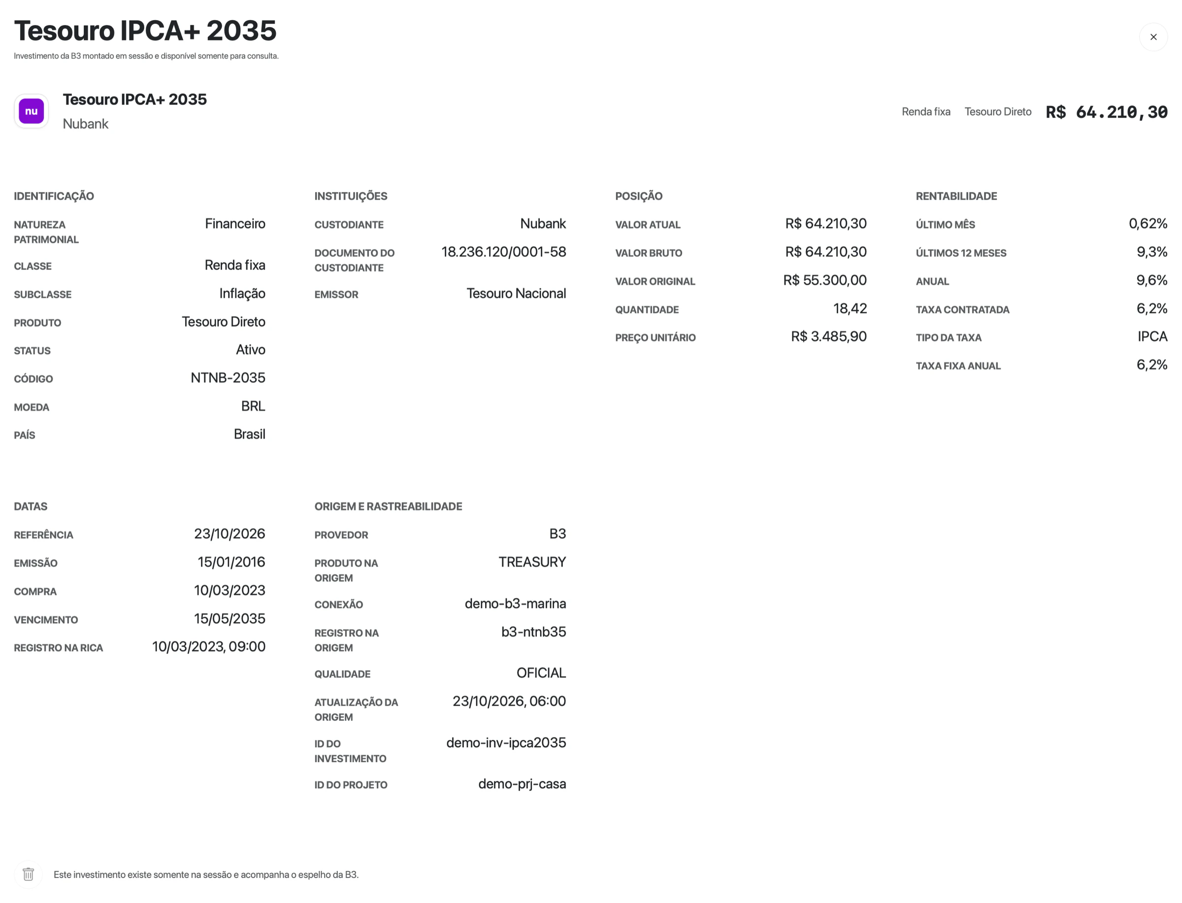 Detalhe do Tesouro IPCA+ 2035 da Marina vindo da B3, com valor atual de R$ 64.210,30 e os blocos Identificação, Instituições, Posição e Rentabilidade
