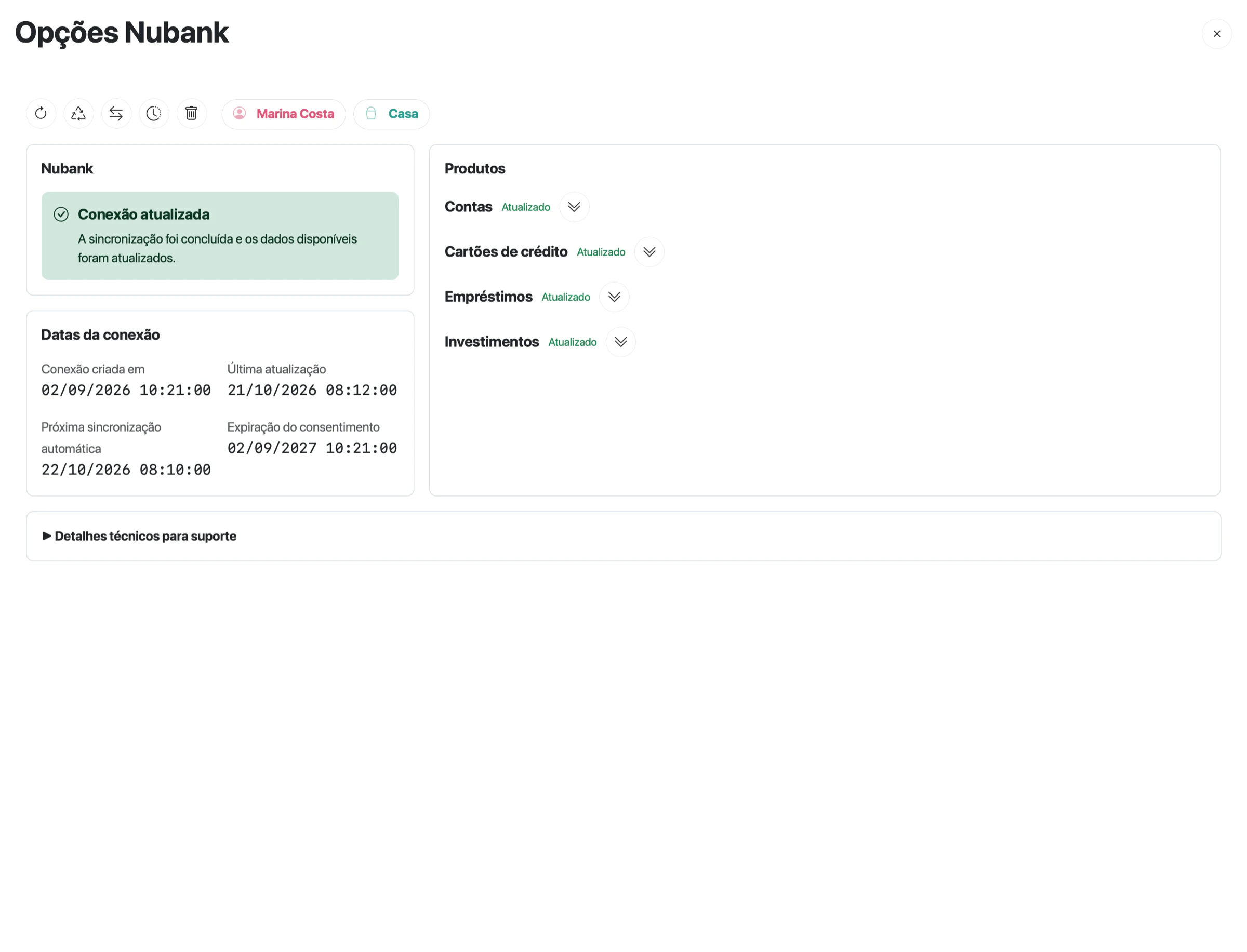 Opções da conexão Nubank com o resumo Conexão atualizada, as datas da conexão e os produtos com estado Atualizado