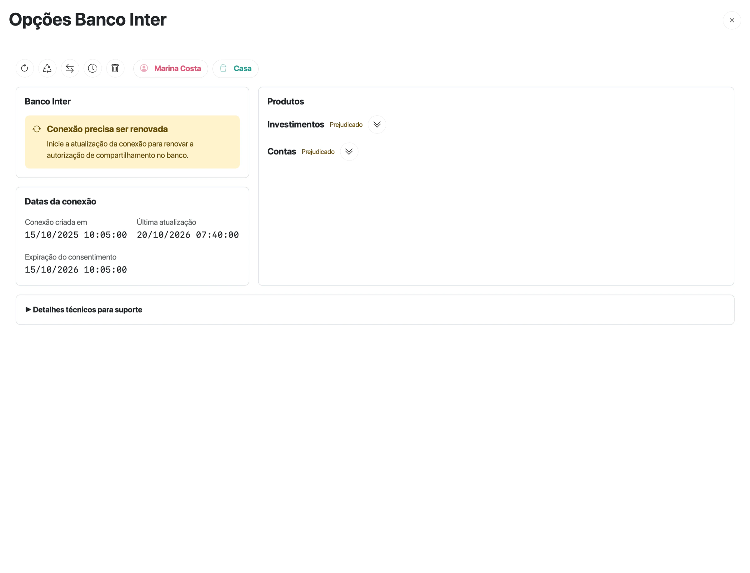 Opções da conexão Inter com o resumo Conexão precisa ser renovada e a data de expiração do consentimento já vencida