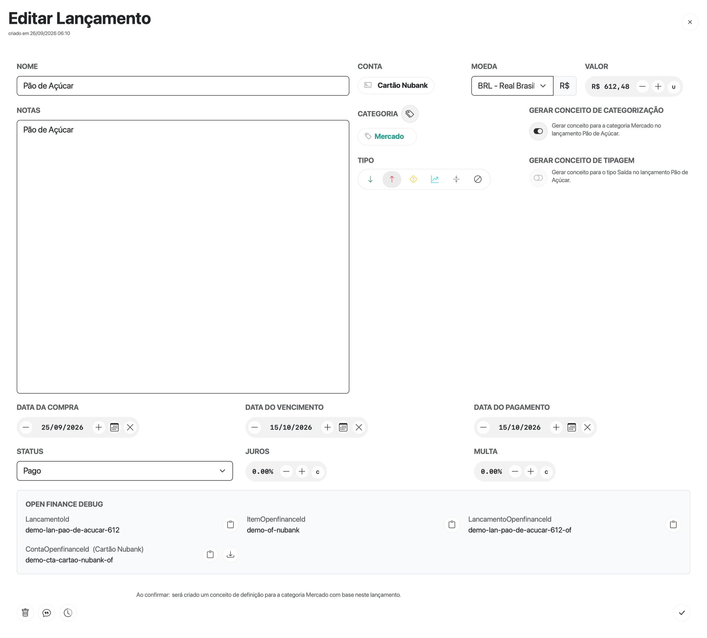 Editar Lançamento do Pão de Açúcar com a categoria trocada de Outros para Mercado, Gerar conceito de categorização ligado e o aviso Ao confirmar