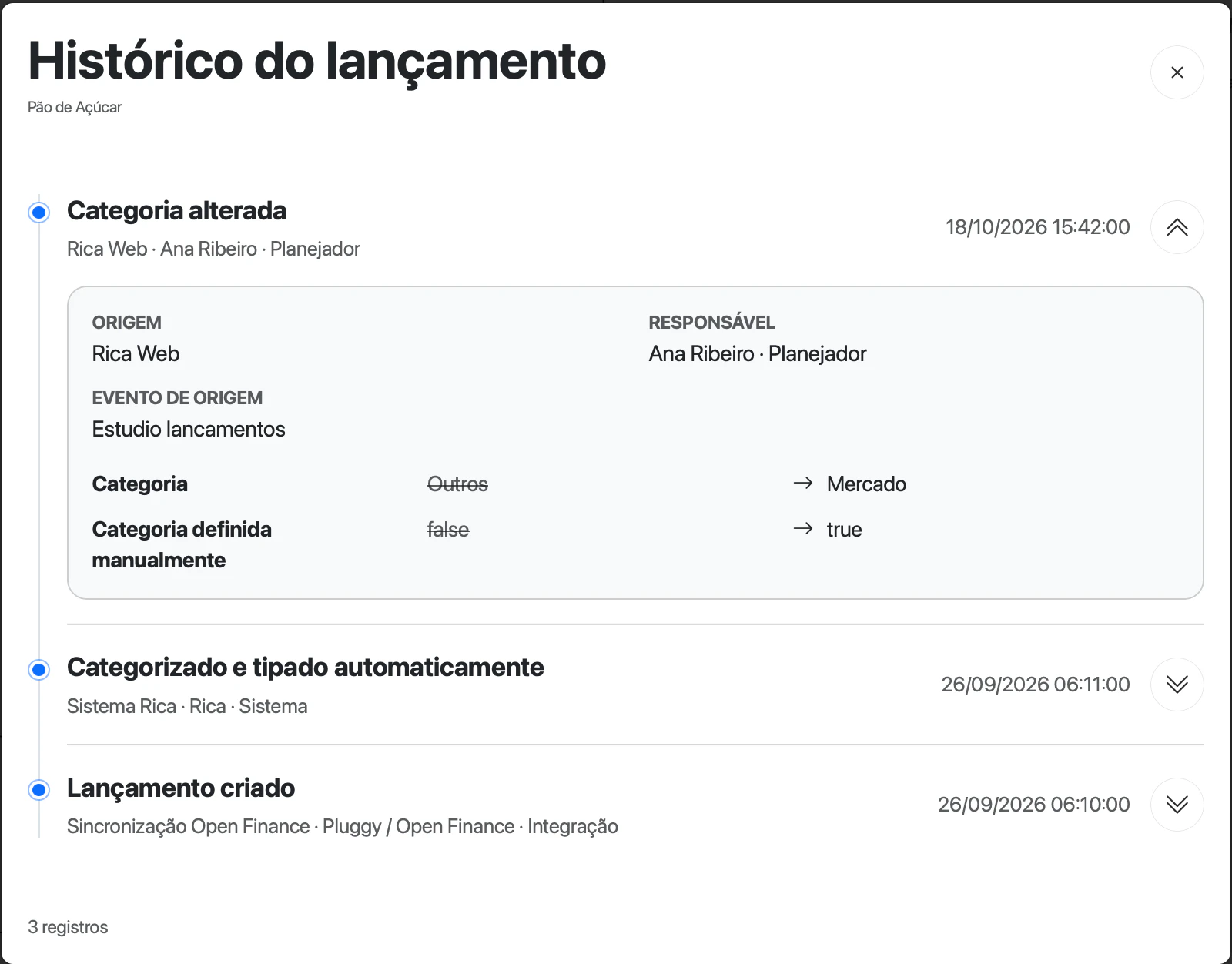 Histórico do lançamento Pão de Açúcar com criação pela Pluggy, categorização automática e correção manual de Ana Ribeiro