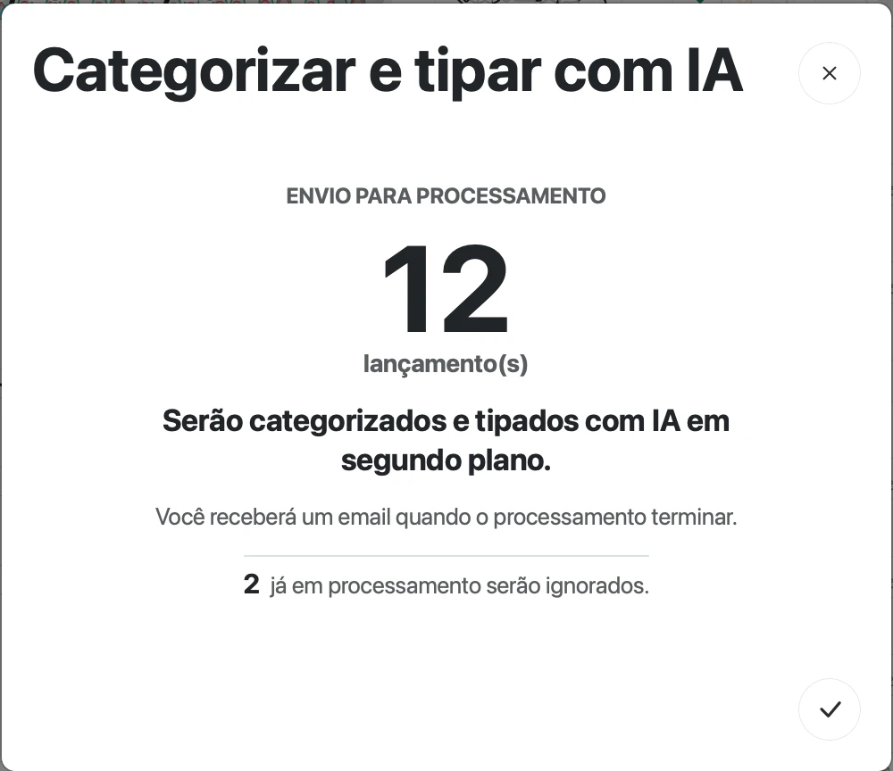 Janela Categorizar e tipar com IA com 12 lançamentos e o aviso de que 2 já em processamento serão ignorados
