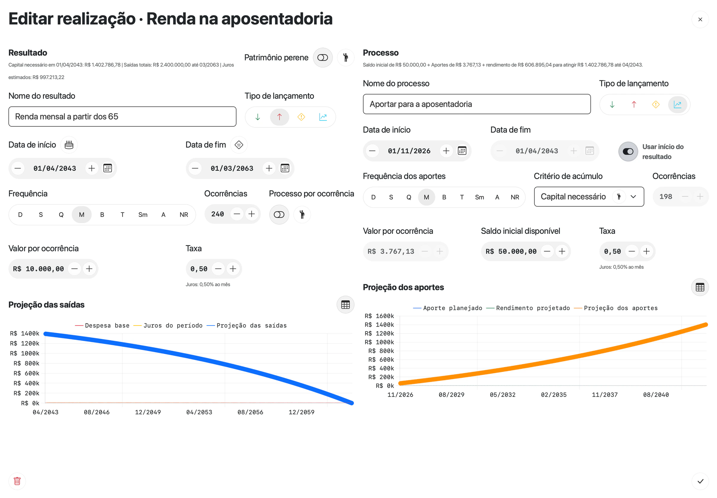 Realização de Carlos Mendes com resultado de 240 retiradas mensais de R$ 10.000,00 a partir de 01/04/2043, capital necessário de R$ 1.402.786,78 e processo com critério Capital necessário e saldo inicial de R$ 50.000,00