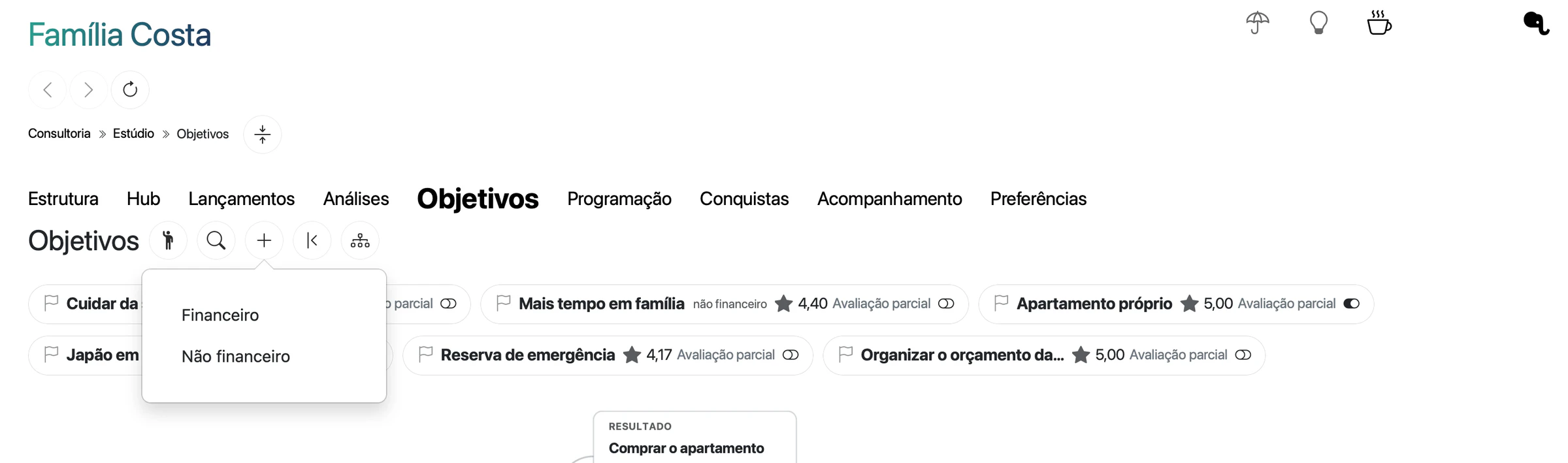 Barra da aba Objetivos com o menu do botão Criar novo objetivo aberto e as opções Financeiro e Não financeiro