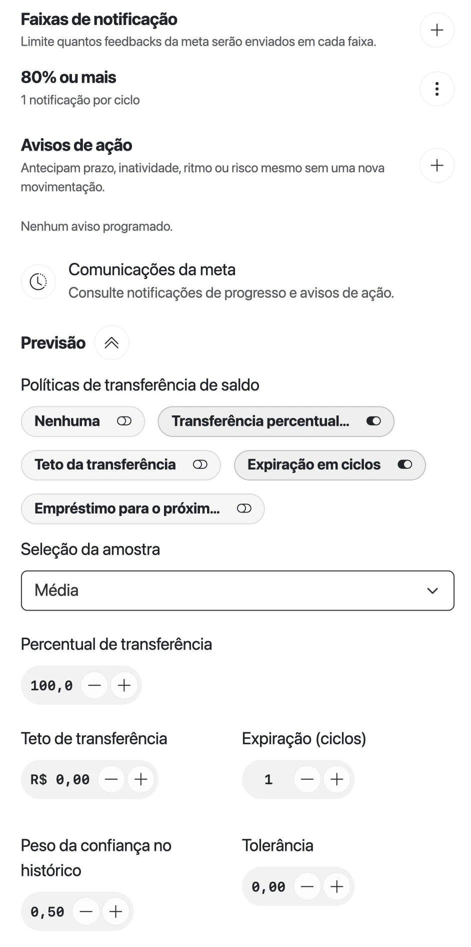 Seção Previsão da meta Estilo de vida expandida com Transferência percentual da sobra e Expiração em ciclos ligadas, Percentual de transferência 100% e Expiração 1 ciclo