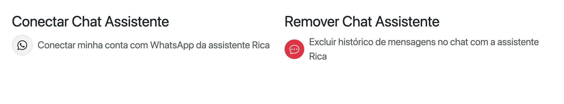 Aba Integrações com os cards Conectar Chat Assistente e Remover Chat Assistente