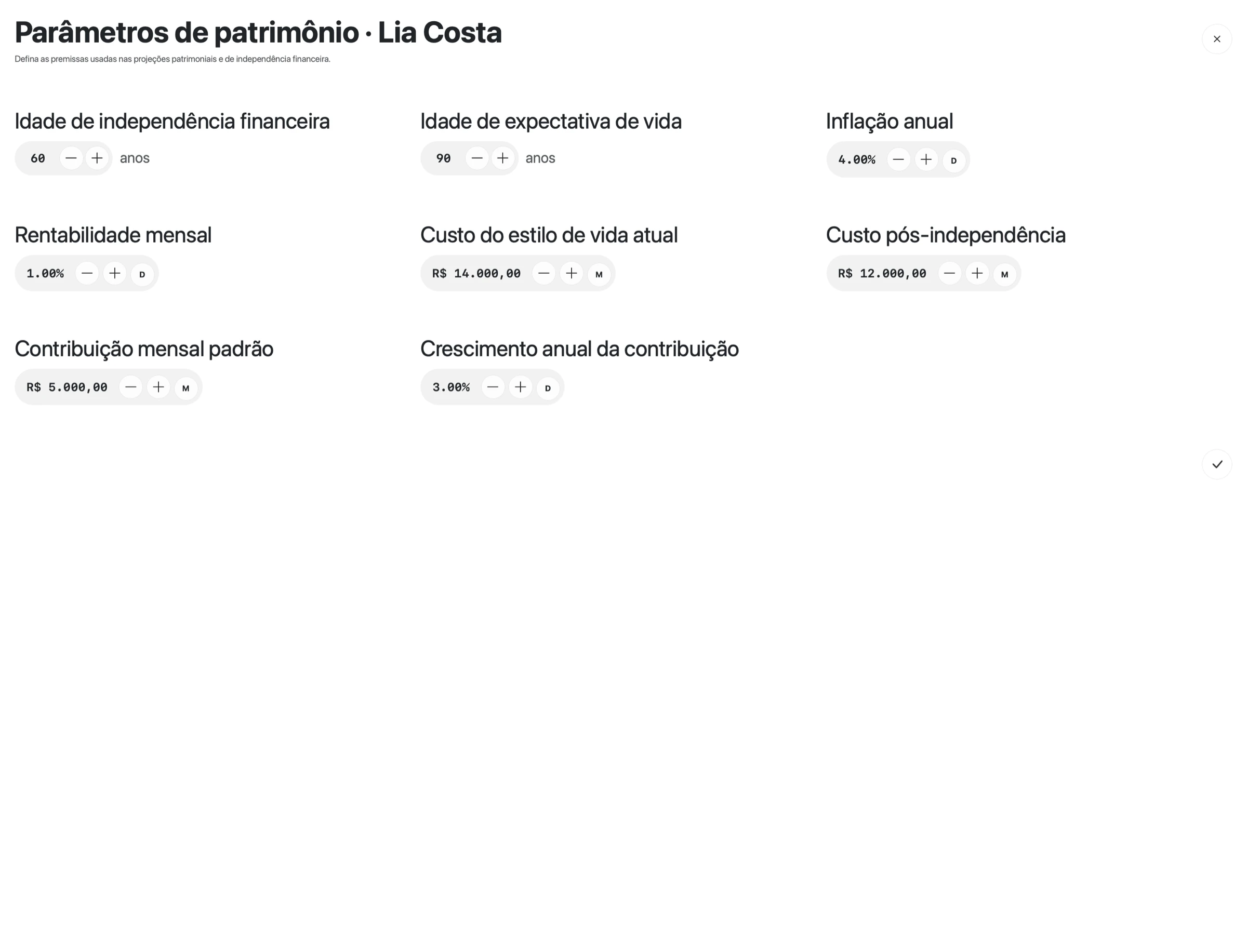 Janela Parâmetros de patrimônio · Lia Costa com idade de independência financeira 60 anos, expectativa de vida 90 anos, inflação anual 4,00% e rentabilidade mensal 1,00%