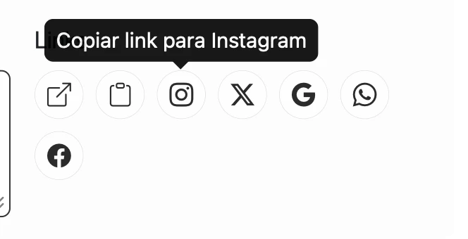 Bloco Links da loja horizonte com os botões Abrir página da loja, Copiar link da loja e os ícones de Instagram, X, Google, WhatsApp e Facebook