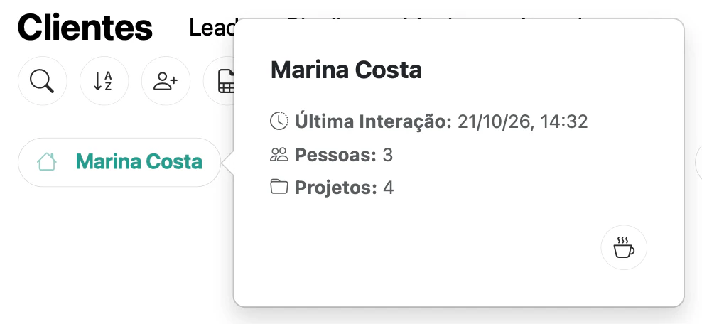 Quadro de Marina Costa com Última Interação 21/10/26 14:32, Pessoas 3, Projetos 4 e o ícone de xícara