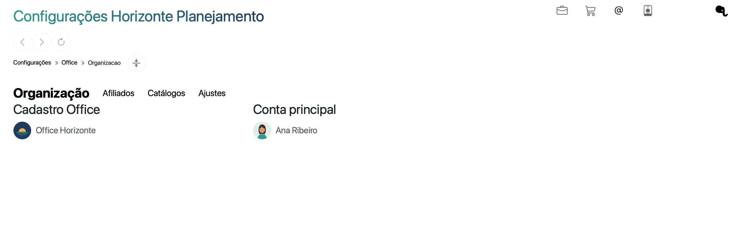 Aba Organização com Cadastro Office mostrando Office Horizonte e Conta principal mostrando Ana Ribeiro